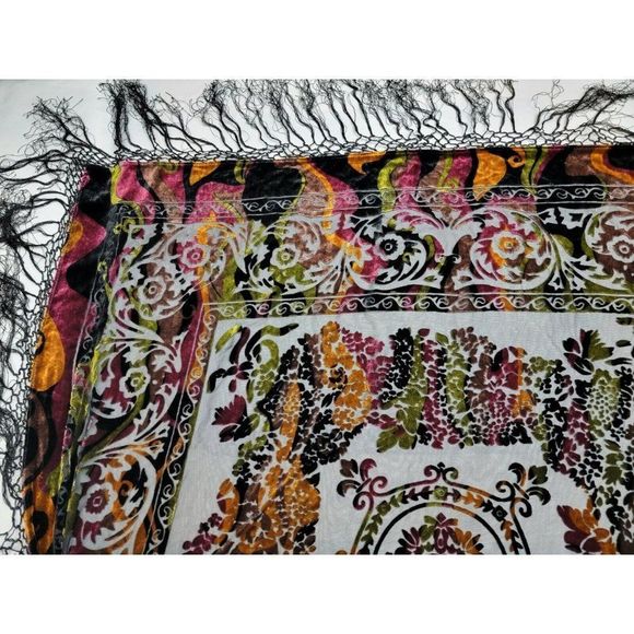 Accessories - Piano Shawl Scarf Sheer Floral Burnout Large Square Tassel Hem 30% Silk Velvet